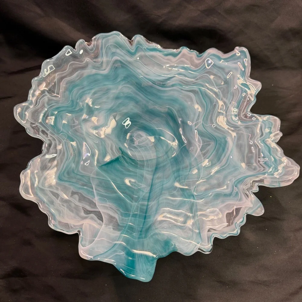 Murano Style Hand Blown Art Glass Oyster Bowl Freeform Aqua White Marbled Swirl